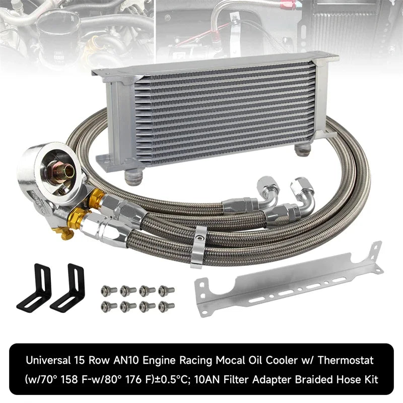 15 Row Universal 10AN Engine Oil Cooler Kit with Thermostatic Oil Filter Sandwich Plate Adapter M20x1.5 3/4-16UNF