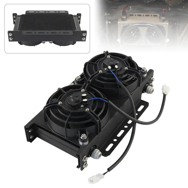Dual 5.5" Fan Rear w/Mounting Bracket + 19 Row Oil Cooler AN8 / AN10 248mm Kit Universal 12V 30W Cooling Aluminum Black/Silver