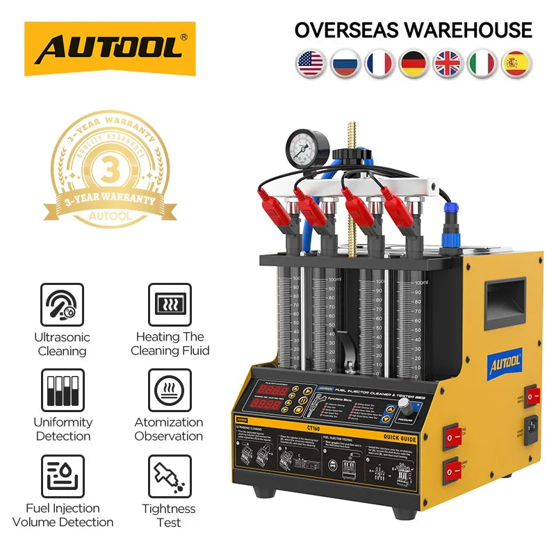 AUTOOL CT160 220V/110V Car Fuel Injector Flushing Nozzles Fuel Injector Tester Ultrasound Heating Cleaning Injectors Motorcycle