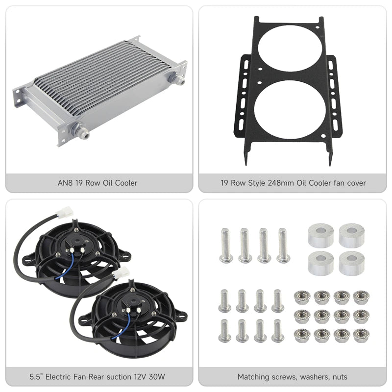 Dual 5.5" Fan Rear w/Mounting Bracket + 19 Row Oil Cooler AN8 / AN10 248mm Kit Universal 12V 30W Cooling Aluminum Black/Silver