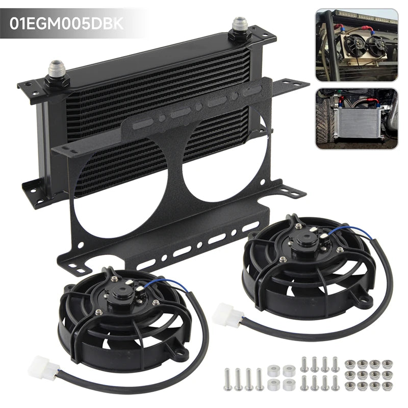 Dual 5.5" Fan Rear w/Mounting Bracket + 19 Row Oil Cooler AN8 / AN10 248mm Kit Universal 12V 30W Cooling Aluminum Black/Silver