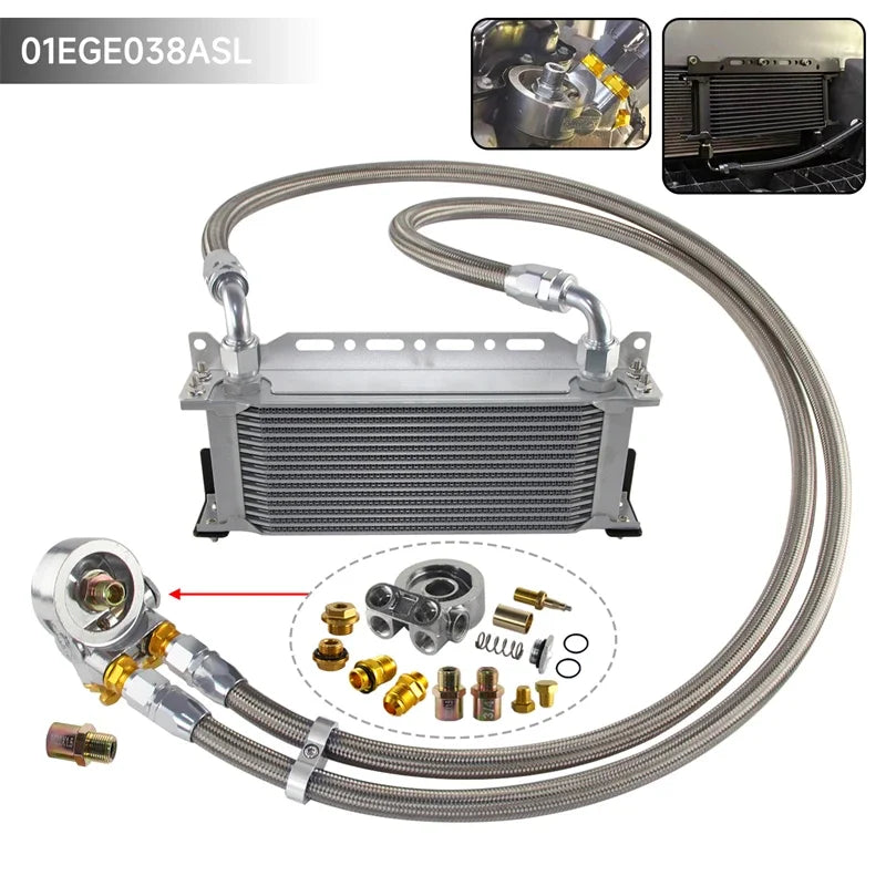 15 Row Universal 10AN Engine Oil Cooler Kit with Thermostatic Oil Filter Sandwich Plate Adapter M20x1.5 3/4-16UNF