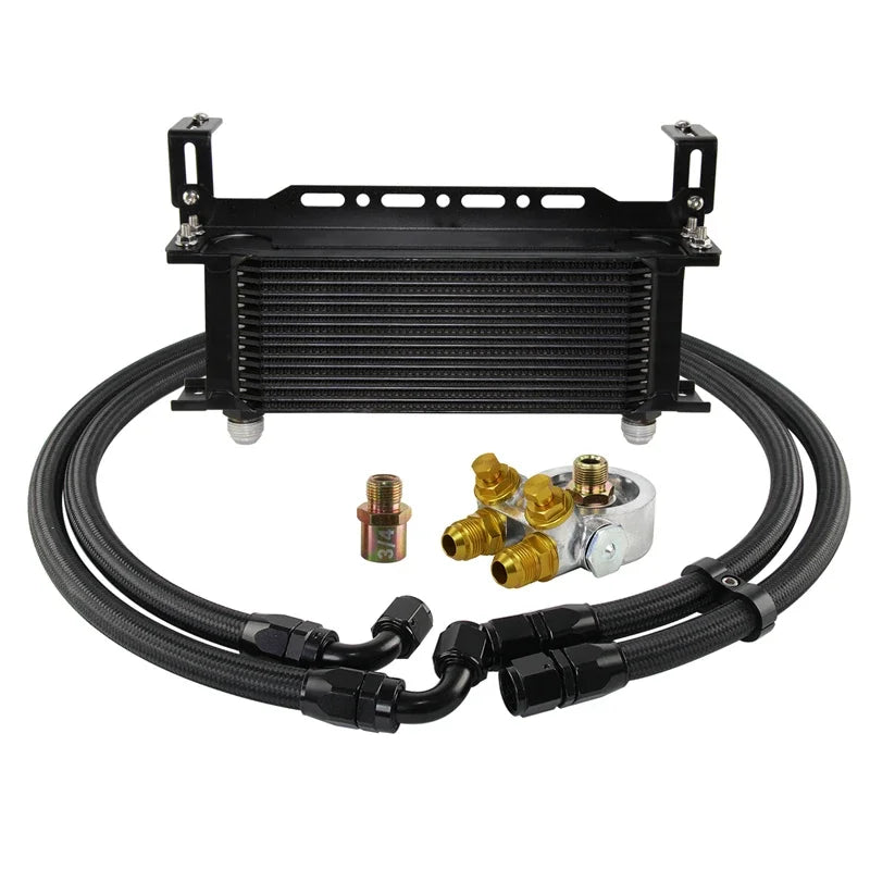 15 Row Universal 10AN Engine Oil Cooler Kit with Thermostatic Oil Filter Sandwich Plate Adapter M20x1.5 3/4-16UNF
