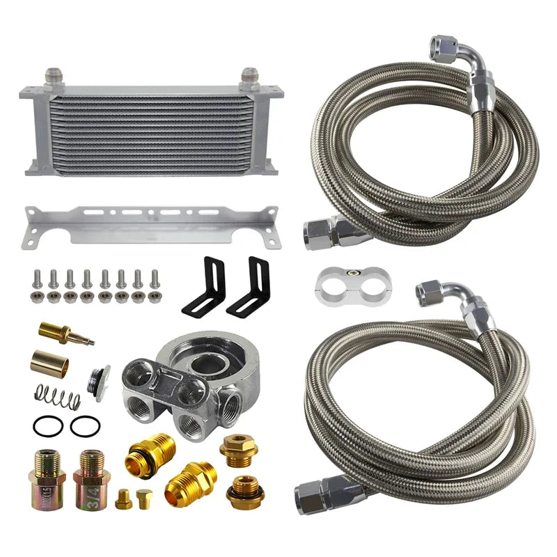 15 Row Universal 10AN Engine Oil Cooler Kit with Thermostatic Oil Filter Sandwich Plate Adapter M20x1.5 3/4-16UNF