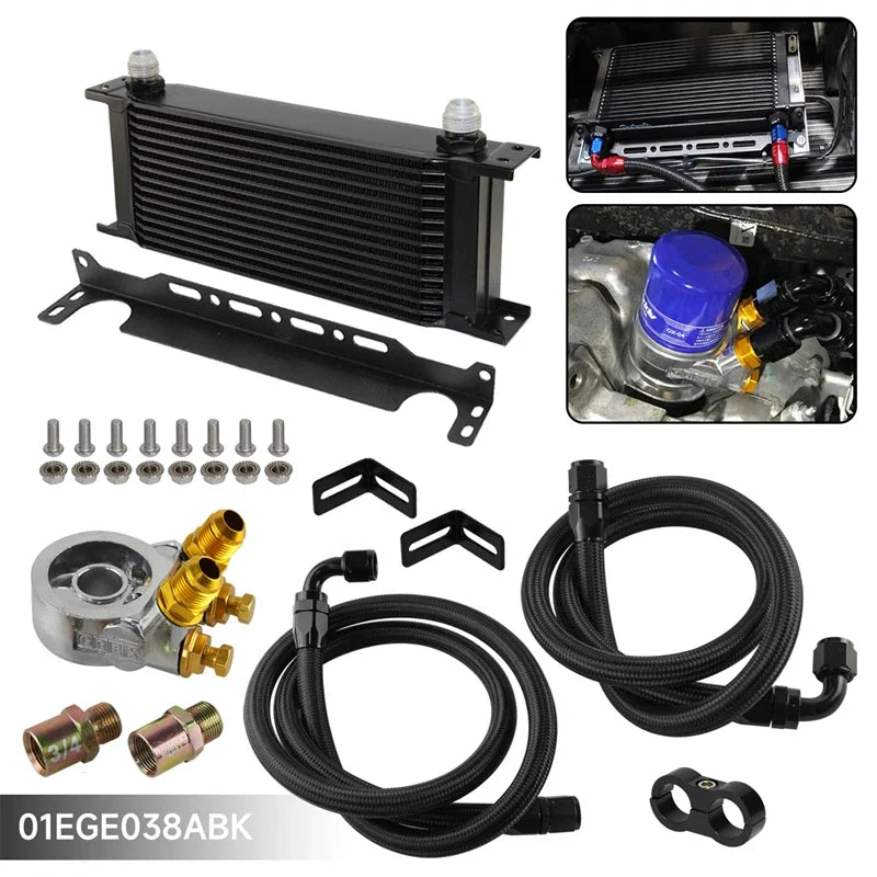 15 Row Universal 10AN Engine Oil Cooler Kit with Thermostatic Oil Filter Sandwich Plate Adapter M20x1.5 3/4-16UNF