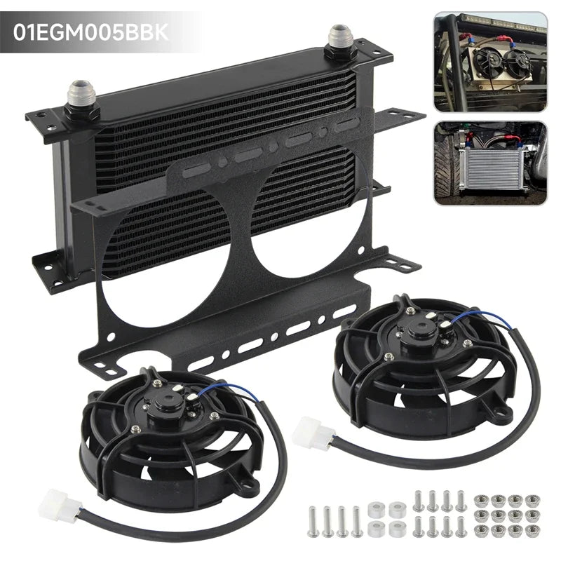 Dual 5.5" Fan Rear w/Mounting Bracket + 19 Row Oil Cooler AN8 / AN10 248mm Kit Universal 12V 30W Cooling Aluminum Black/Silver