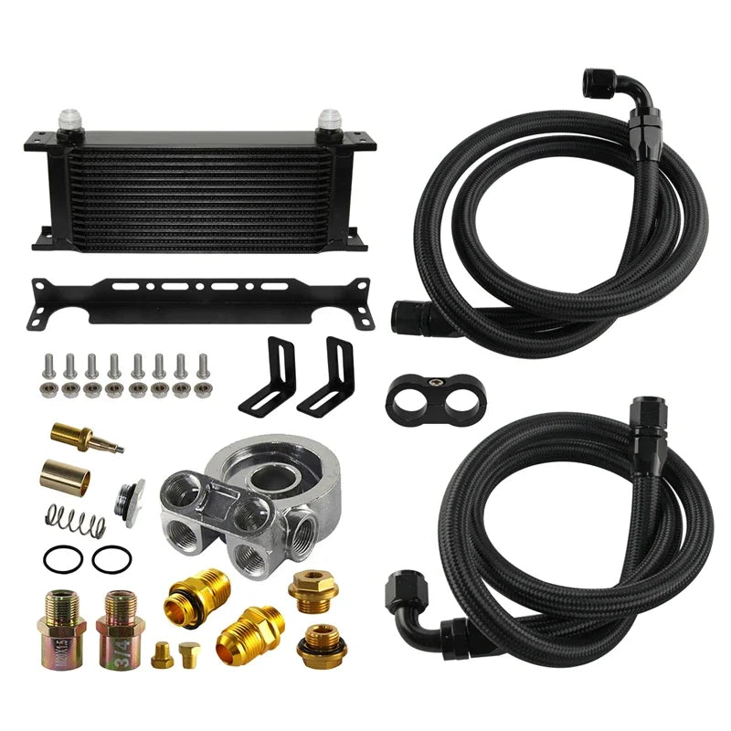 15 Row Universal 10AN Engine Oil Cooler Kit with Thermostatic Oil Filter Sandwich Plate Adapter M20x1.5 3/4-16UNF