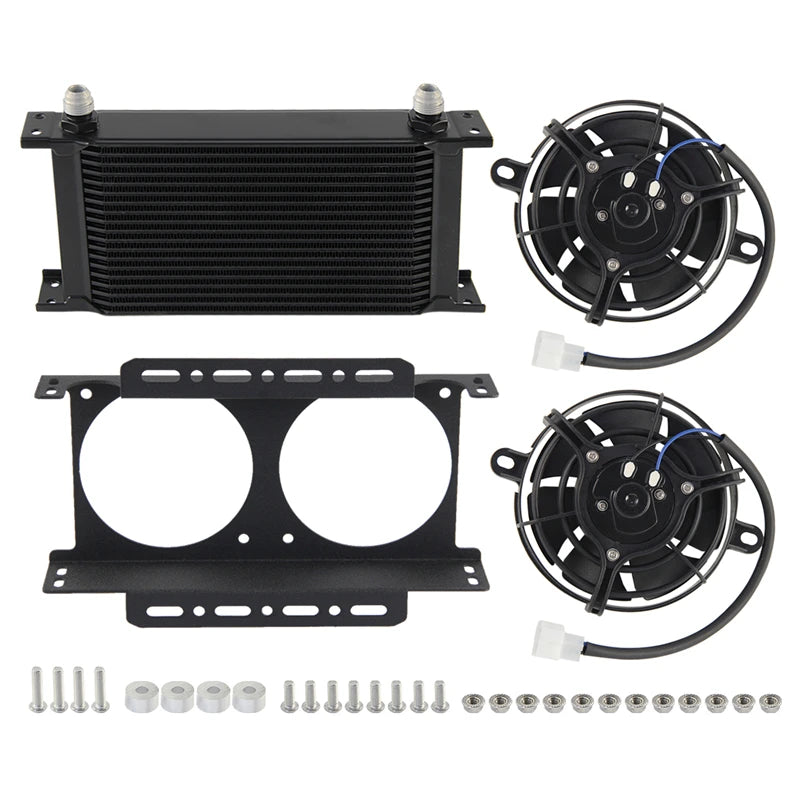 Dual 5.5" Fan Rear w/Mounting Bracket + 19 Row Oil Cooler AN8 / AN10 248mm Kit Universal 12V 30W Cooling Aluminum Black/Silver
