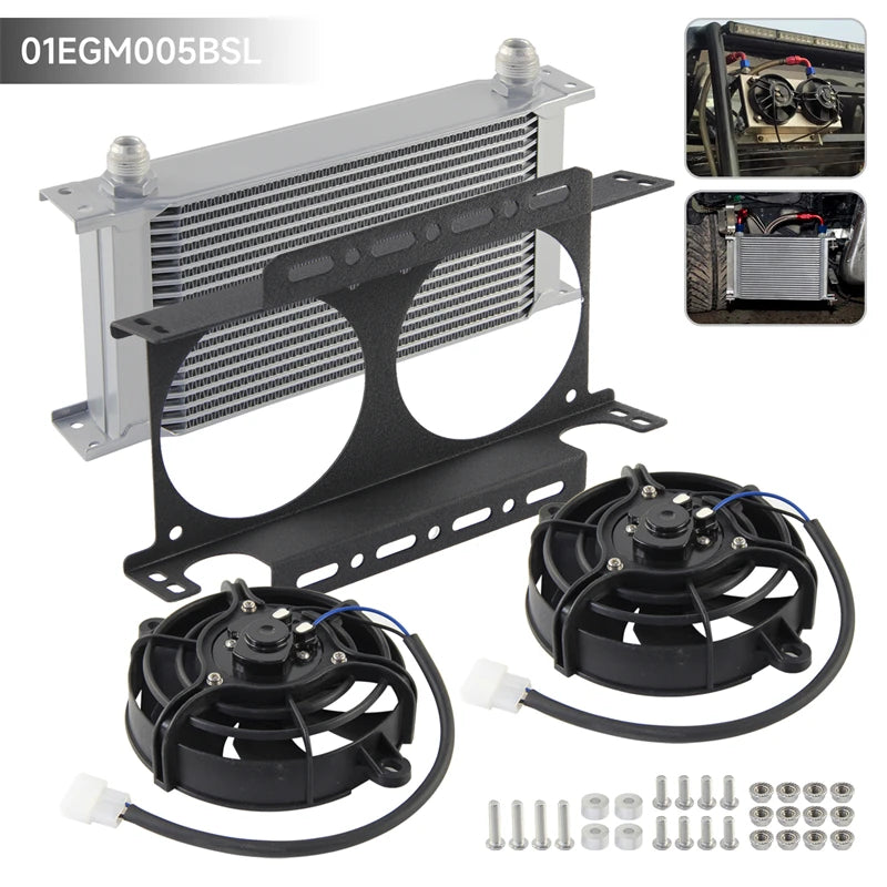 Dual 5.5" Fan Rear w/Mounting Bracket + 19 Row Oil Cooler AN8 / AN10 248mm Kit Universal 12V 30W Cooling Aluminum Black/Silver