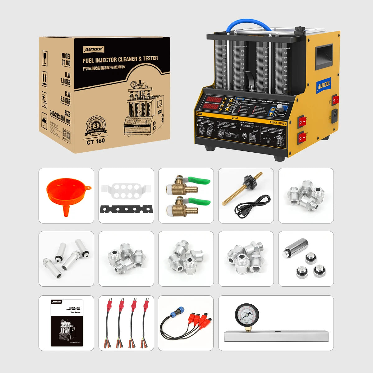AUTOOL CT160 220V/110V Car Fuel Injector Flushing Nozzles Fuel Injector Tester Ultrasound Heating Cleaning Injectors Motorcycle